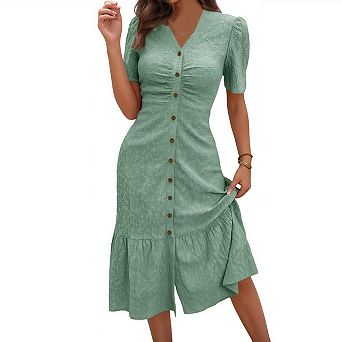 Summer Midi Dresses for Women V Neck Button Down Front Short Sleeve Ruffle Beach Travel Outfits