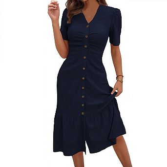 Summer Midi Dresses for Women V Neck Button Down Front Short Sleeve Ruffle Beach Travel Outfits