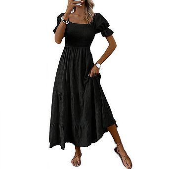 Women's Summer Casual Maxi Dresses Square Neck Short Sleeve Smocked A Line Flowy Boho Outfits