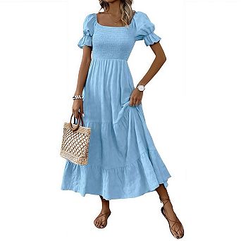 Women's Summer Casual Maxi Dresses Square Neck Short Sleeve Smocked A Line Flowy Boho Outfits