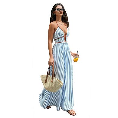 Women's Boho Striped Halter Maxi Dress Backless Smocked Beach Vacation Outfits
