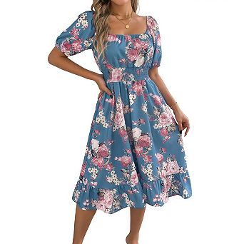 Boho Summer Midi Dresses for Women Casual Smocked Short Sleeve Tiered Flowy Beach Vacation Outfits
