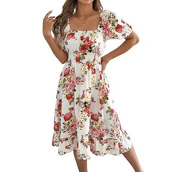 Boho Summer Midi Dresses for Women Casual Smocked Short Sleeve Tiered Flowy Beach Vacation Outfits