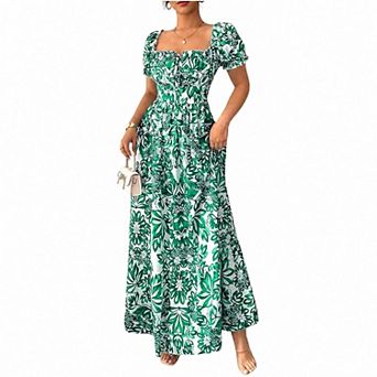 Women's Floral Short Puff Sleeve Milkmaid Maxi Dress Boho A Line Empire Waist Flowy Outfits
