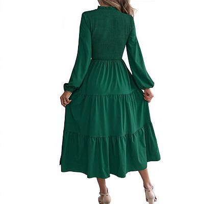 long sleeve swing dress puff sleeves Knitted retro White pleated puff sleeve long-sleeved large swing dress- Caer M / White