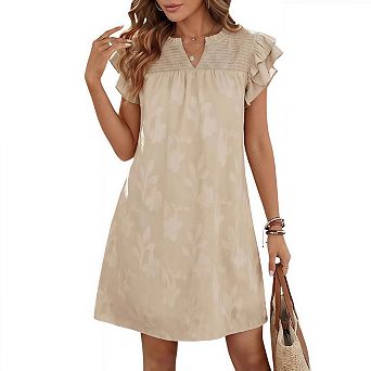Womens Ruffle Short Sleeve Casual V Neck Smocked Floral Burnout Summer Mini Dress