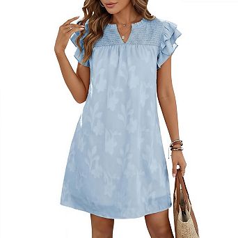 Womens Ruffle Short Sleeve Casual V Neck Smocked Floral Burnout Summer Mini Dress