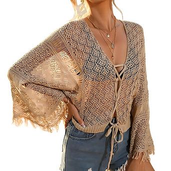 Bathing Suit Hollow Out Crochet Long Sleeve Tie Front Tops Cardigan Bikini Knit Cover Ups for Women