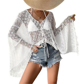 Bathing Suit Hollow Out Crochet Long Sleeve Tie Front Tops Cardigan Bikini Knit Cover Ups for Women