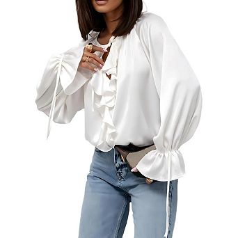 Women's Ruffled V Neck Tie Long Sleeve Ruffle Blouse Elegant Tie Neck Flowy Peasant Top