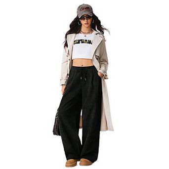 Womens Wide Leg Pants Casual Loose Drawstring Elastic Waist Palazzo Pants Baggy Trousers with Pocket
