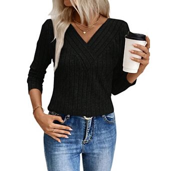 Womens Long Sleeve Shirts Casual V Neck Lightweight Ribbed Knit Tunic Tops Blouse
