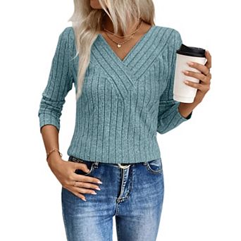 Womens Long Sleeve Shirts Casual V Neck Lightweight Ribbed Knit Tunic Tops Blouse