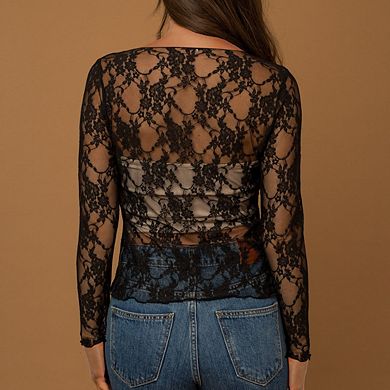 Womens Mesh Tops Lace Long Sleeve Shirts Slim Fitted See Through Blouses