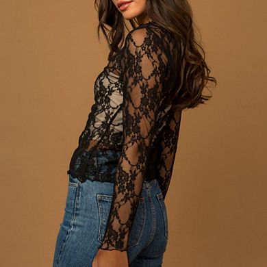 Womens Mesh Tops Lace Long Sleeve Shirts Slim Fitted See Through Blouses