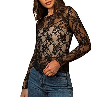 Womens Mesh Tops Lace Long Sleeve Shirts Slim Fitted See Through Blouses
