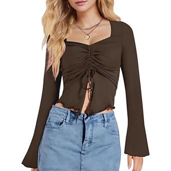 Women's Long Bell Sleeve Crop Top Casual Front Tie Sweetheart Neck Shirt Blouse