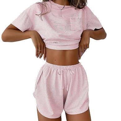 Women 2 Piece Matching Lounge Sets Casual Short Sleeve Summer Outfits with Side Split Short