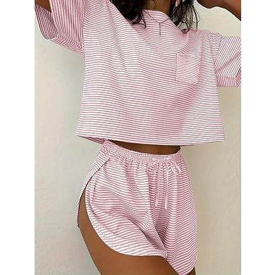 Women 2 Piece Matching Lounge Sets Casual Short Sleeve Summer Outfits with Side Split Short