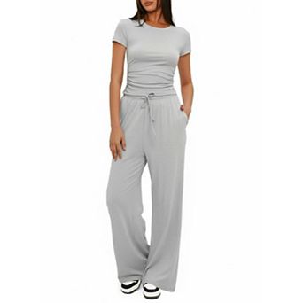 Women's 2 pc Summer Outfits Ruched Crop Top Wide Leg Pants Matching Lounge Set