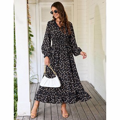 Women's Floral Print Puff Sleeve Midi Dress