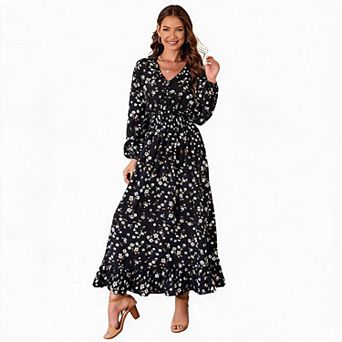 Women's Floral Print Puff Sleeve Midi Dress