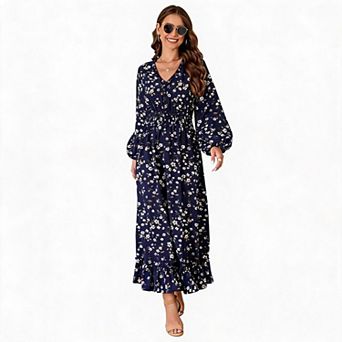 Women's Floral Print Puff Sleeve Midi Dress