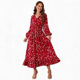 Women's Floral Print Puff Sleeve Midi Dress