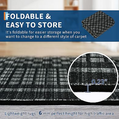 Soft Washable Area Rug Checkered Waffle Print, Non-Slip, Low Pile, Thin & Mark Resistant Carpet