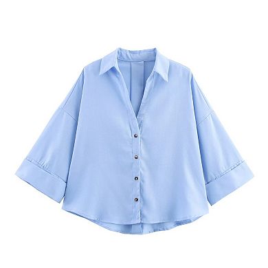 Women's Long Sleeve Loose Button Down Collared Shirts Top