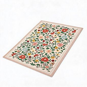 Washable Floral Area Rug - Soft Low Pile Non-Slip Carpet - Modern Farmhouse Accent