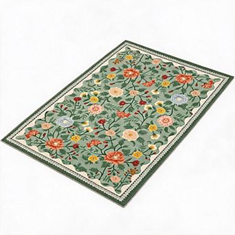Washable Floral Area Rug - Soft Low Pile Non-Slip Carpet - Modern Farmhouse Accent
