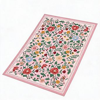 Washable Floral Area Rug - Soft Low Pile Non-Slip Carpet - Modern Farmhouse Accent