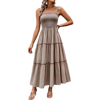 Women's Maxi Dress Casual Boho Sleeveless Spaghetti Strap Smocked Tiered Long Beach Sundresses