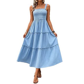 Women's Maxi Dress Casual Boho Sleeveless Spaghetti Strap Smocked Tiered Long Beach Sundresses