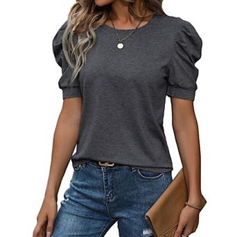 Solid Crew Neck Short-Sleeve Tee with Ruched Shoulder Detail