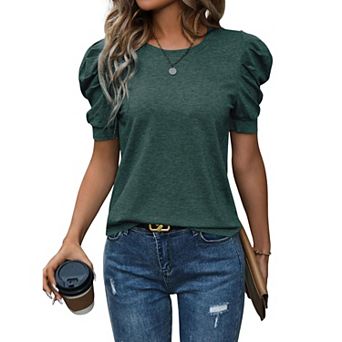 Solid Crew Neck Short-Sleeve Tee with Ruched Shoulder Detail