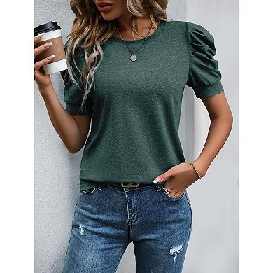 Women's Crew Neck Puff Short Sleeve T-Shirt, Ruched Shoulder Solid Color Casual Loose Basic Tee Top