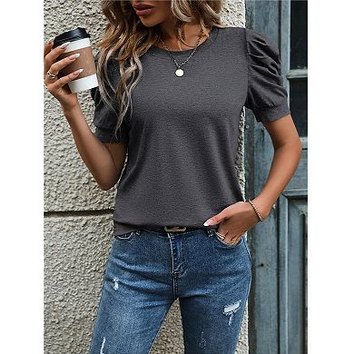 Short-Sleeve Crew Neck Tee with Shoulder Gathers, Solid Basic