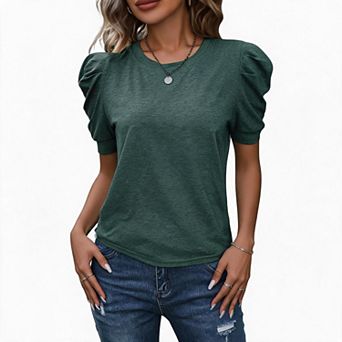 Short-Sleeve Crew Neck Tee with Shoulder Gathers, Solid Basic