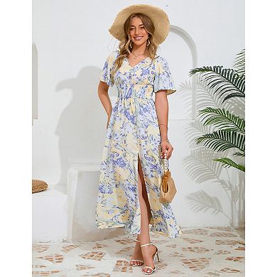 Women's Floral Print Slit Maxi Dress with Flutter Sleeves