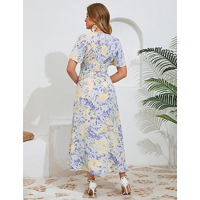 Women's Floral Print Slit Maxi Dress with Flutter Sleeves