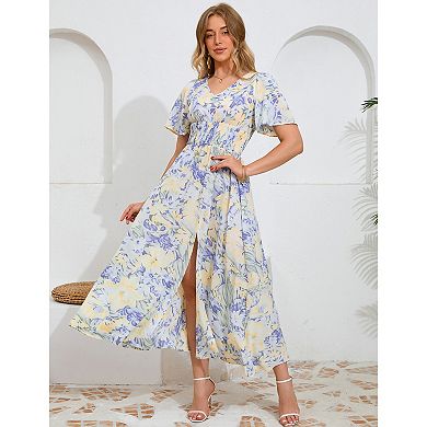 Women's Floral Print Slit Maxi Dress with Flutter Sleeves