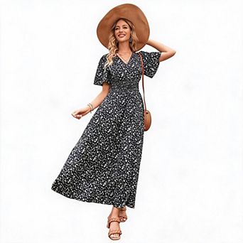 Women's Floral Print Slit Maxi Dress with Flutter Sleeves