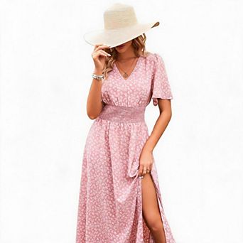 Women's Floral Print Slit Maxi Dress with Flutter Sleeves