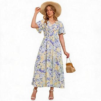 Women's Floral Print Slit Maxi Dress with Flutter Sleeves