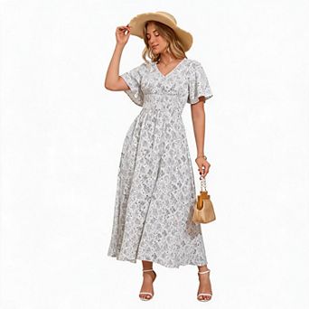 Women's Floral Print Slit Maxi Dress with Flutter Sleeves