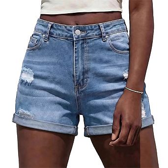 Womens Casual Mid Waisted Denim Shorts Summer Stretchy Ripped Jean Shorts for Women