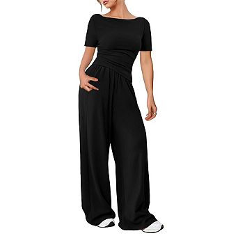 Women's Summer 2 pc Lounge Sets - Side Ruched Crop Top & Wide Leg Pants Casual Outfits
