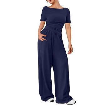 Women's Summer 2 pc Lounge Sets - Side Ruched Crop Top & Wide Leg Pants Casual Outfits